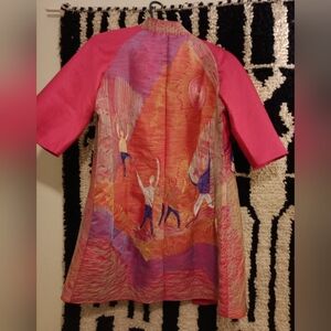 Fuschia Dupioni Embroidered Long Jacket, Half Sleeve Mandarin Collar